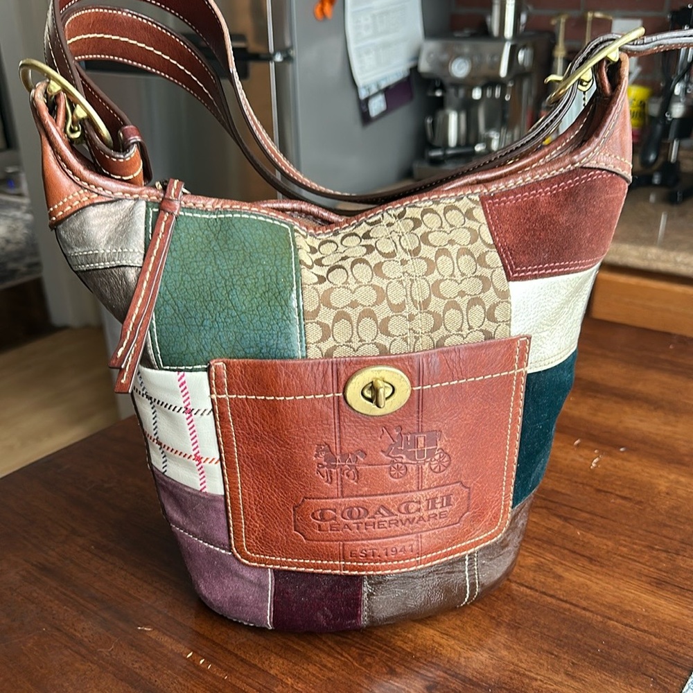 Coach Bleecker Holiday Patchwork Multicolor Duffle
Bucket Shoulder Bag 11356